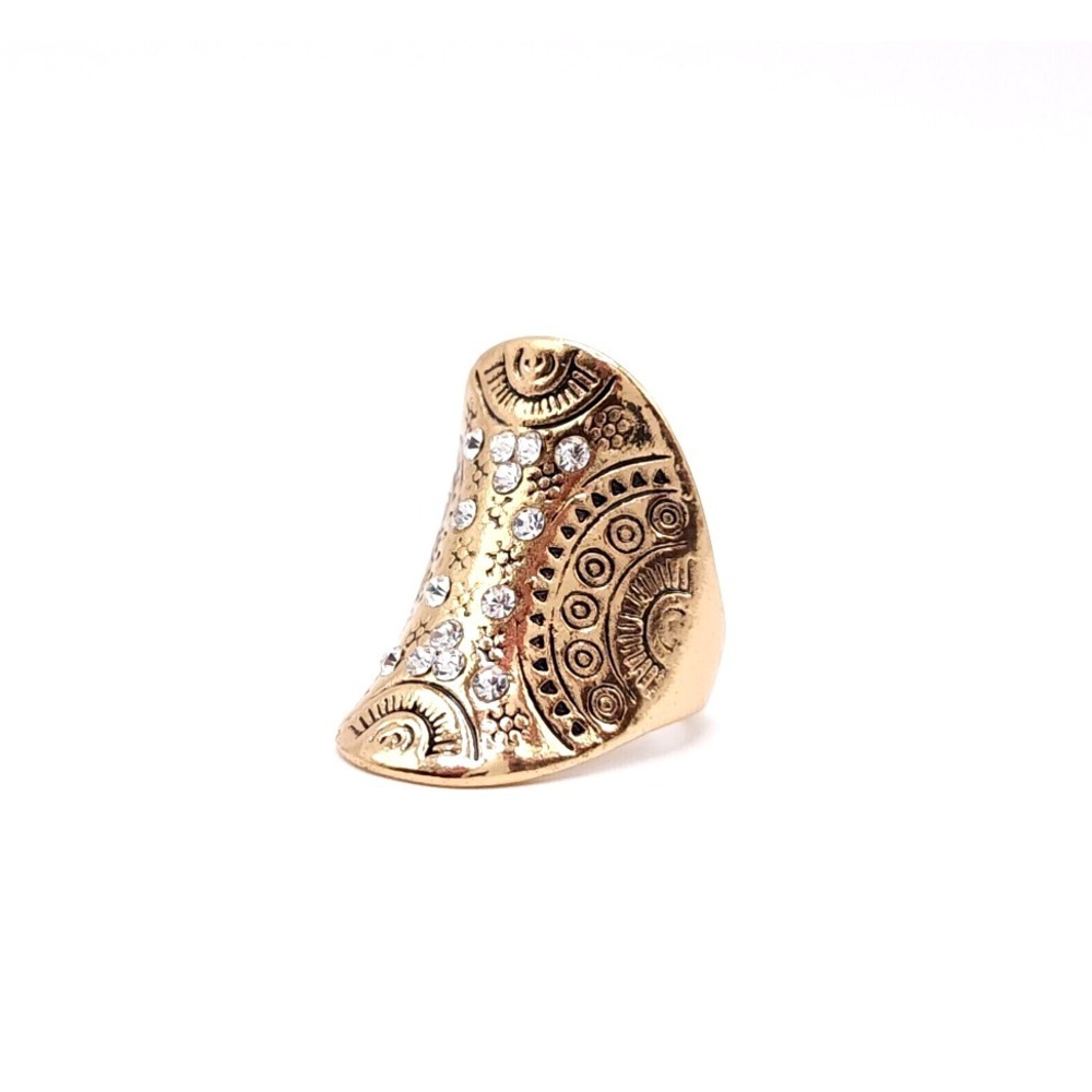 Gold Tone Tribal Engraved Statement Ring Women's Shield Rhinestone Boho Jewelry - Picture 4 of 10